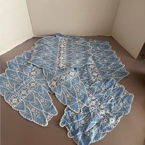 Elegant Blue Eyelet Lace Linens with Scalloped Edges